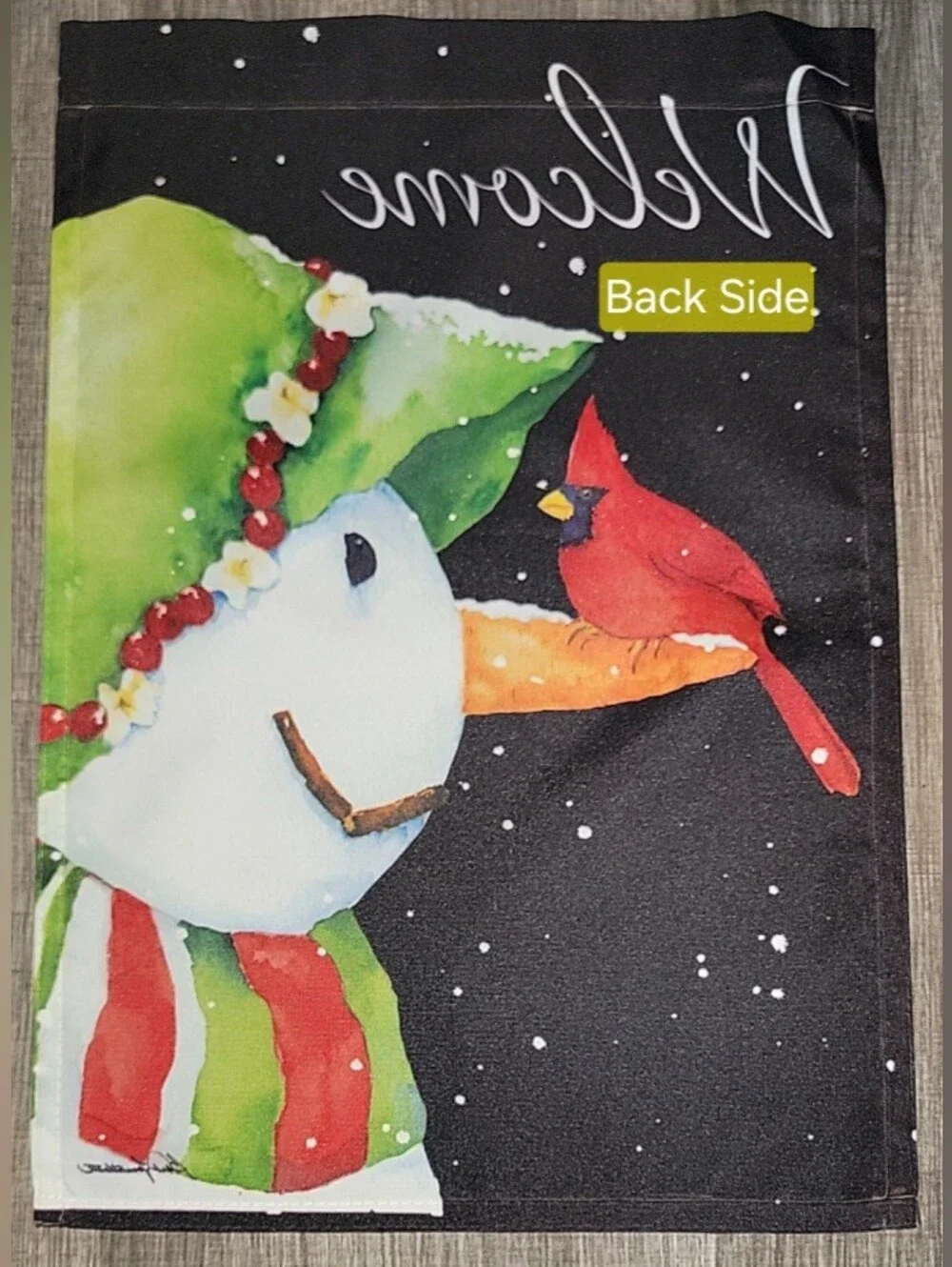 Decorative Seasonal Garden Flag Multi-colored. Snowman & Bird.
